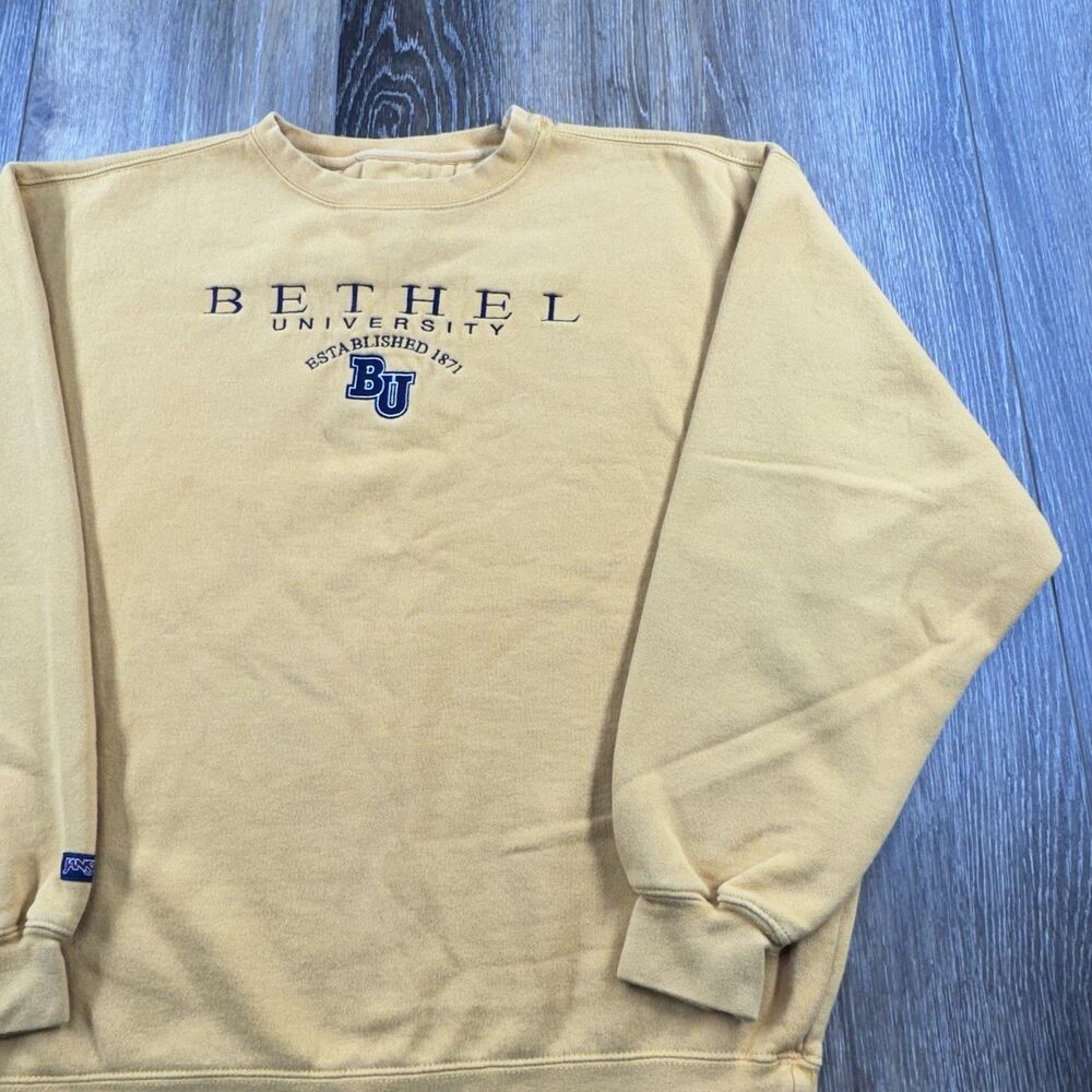 Vintage Bethel University Sweatshirt Mens L Yellow Student Spellout Y2K Sweater